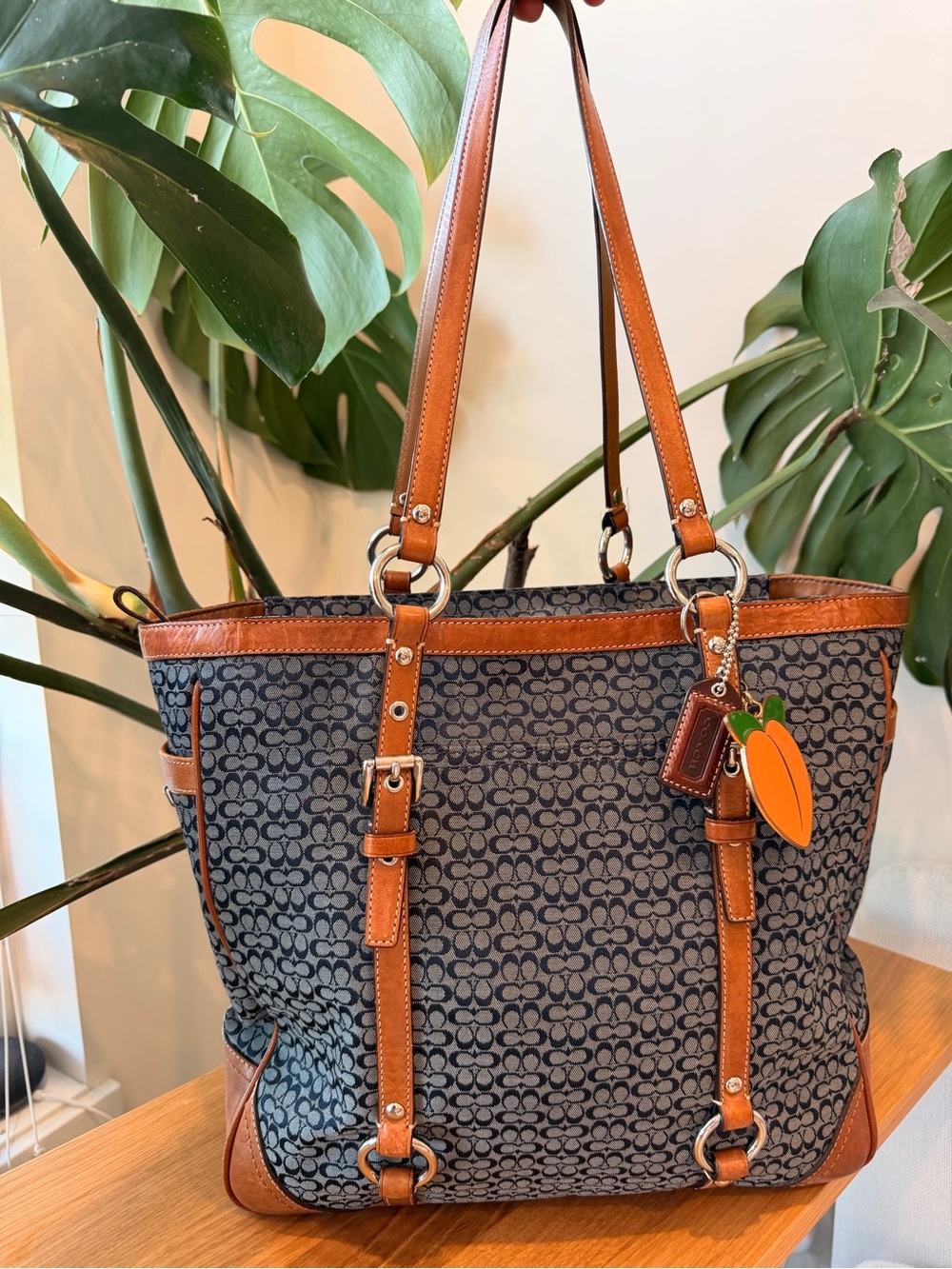 VINTAGE 2008 COACH Blue Signature Canvas Tote with Tan Leather Trim
